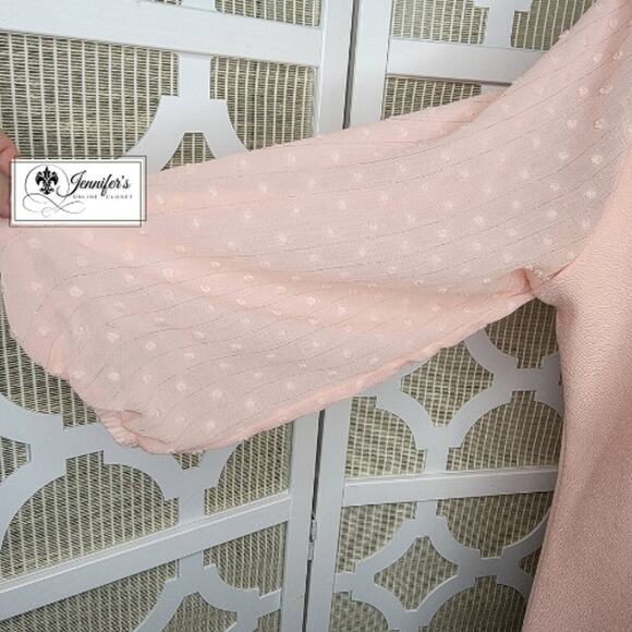 Elle Women's Pink Sheer Swiss Dot Long Sleeve Blouse with Scarf Size L - Picture 10 of 15